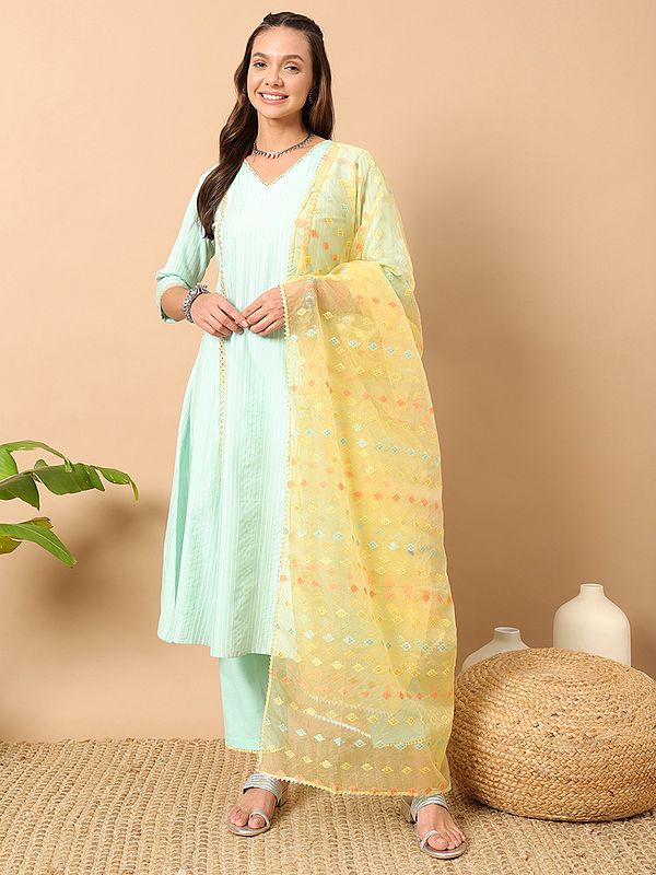 Off-Green Striped Pattern Lace Work Designer Cotton Kurta With Pant And Dupatta For Festive Occasion