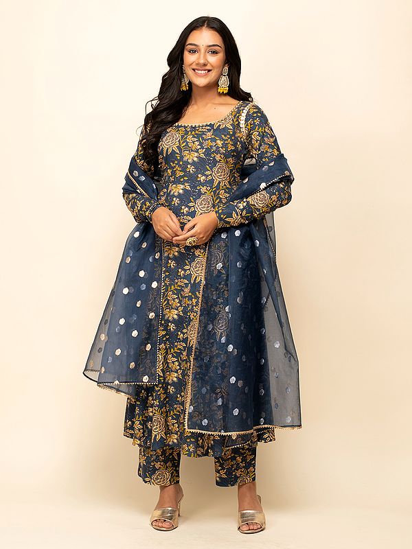 Pickled-Bluewood Floral Print All Over And Lace Work Cotton Anarkali Kurta Set With Matching Dupatta