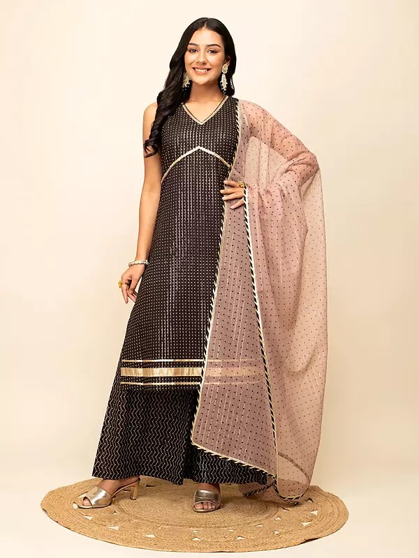 English-Walnut Cotton Printed And Lace Work Attractive Festive Wear Kurta Palazzo Set With Dupatta