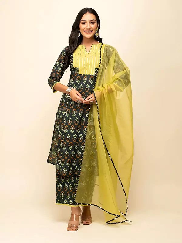 Dark-Grey Stunning Printed And Lace Work Festive Cotton Kurta And Bottom With Dupatta