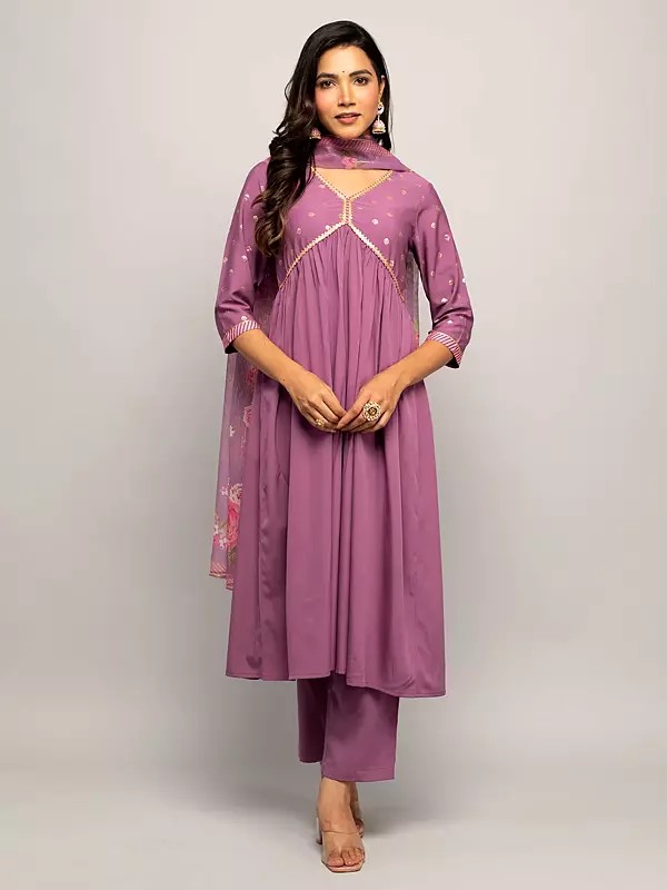 Printed And Lace Work Flared Anarkali Crepe Kurta With Straight Pant And Floral Dupatta