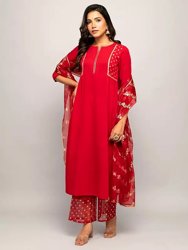 Cadmium-Red Designer Festive Wear Sequins Work Crepe Kurta With Pant And Floral Matching Dupatta