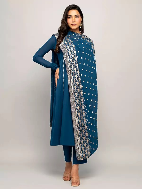 Regal-Blue Sequins Work A-Line Crepe Festive Crepe Kurta With Straight Pant And Matching Dupatta