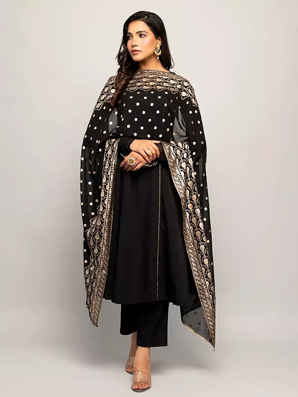 Elegant Sequins Work Anarkali Crepe Kurta With Straight Pant And Floral Matching Dupatta
