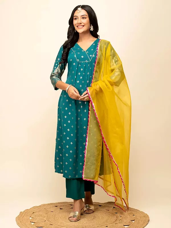 Dark-Aqua Small Motifs Lace Work Anarkali Crepe Kurta With Straight Pant And Attractive Dupatta