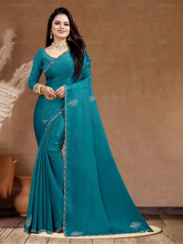 Blue-Chill Fancy Chiffon Sequins Work Attractive Wedding Wear Saree With Matching Blouse