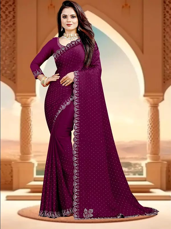 Mulberry-Wood Satin Chiffon Sequins Work Elegant Casual Wear Saree With Matching Blouse