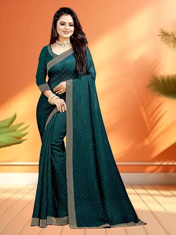 Aqua-Deep Silk Elegant Polka Dots Print Attractive Party Wear Saree With Matching Blouse