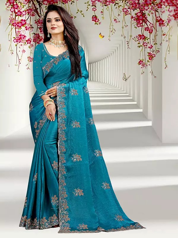 Eastern-Blue Floral Embroidery And Sequins Work Fancy Party Wear Chiffon Saree With Matching Blouse