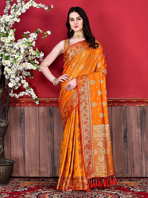 Floral Leaf All Over Soft Silk Attractive Festive Wear Saree With Contrast Tassels Pallu