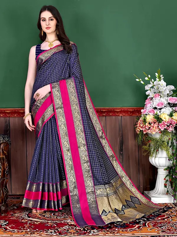 Elephant Motifs Wide Border Check Pattern Soft Kanjivaram Silk Saree With Tassels Pallu