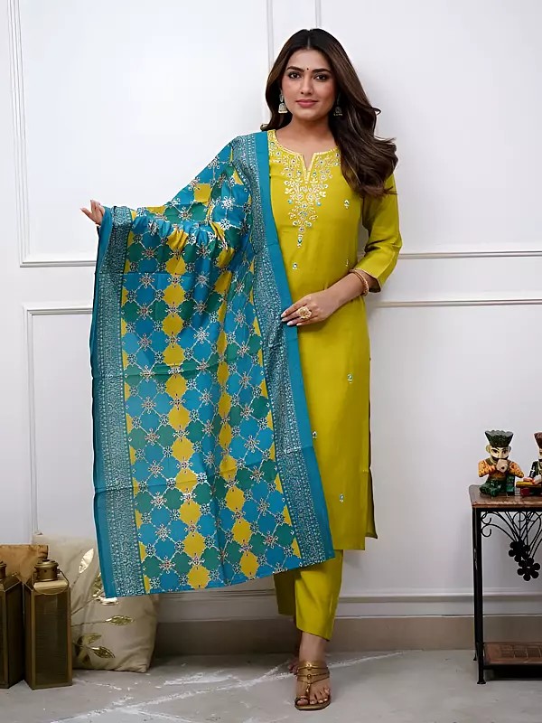 Sequins And Floral Embroidery Work On Neck Viscose Chanderi Salwar Suit With Attractive Dupatta