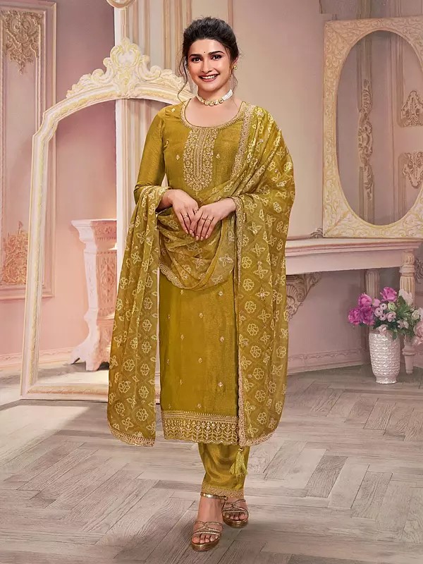 Floral Sequins And Embroidery Work Round Neck Salwar Suit With Matching Dupatta For Casual Occasion