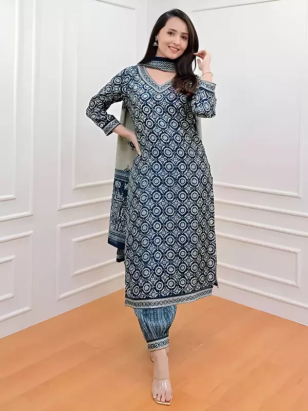 Nile-Blue Fancy All Over Digital Print Cotton Party Wear Salwar Suit With Attractive Dupatta