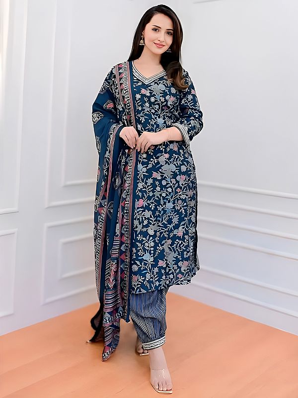 Prussian-Blue Floral Leaf Digital Print All Over Cotton Party Wear Salwar Suit With Attractive Dupatta