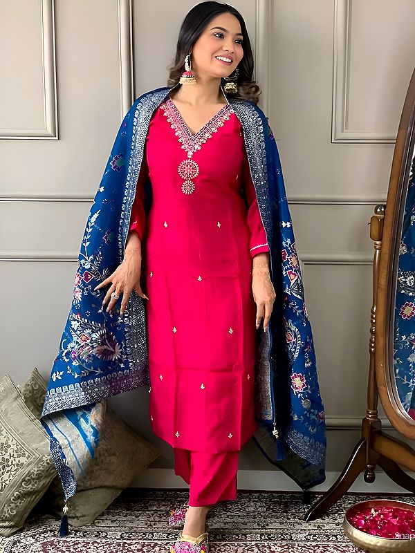 Pink-Red Sequins And Embroidery Work Polyester Viscose Chanderi Salwar Suit With Tassels Dupatta