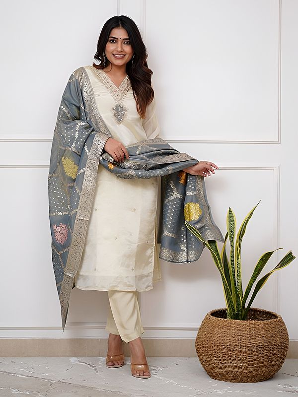 Buttery-White Polyester Viscose Chanderi Sequins Embroidery Work V-Neck Fancy Party Wear Salwar Suit With Dupatta