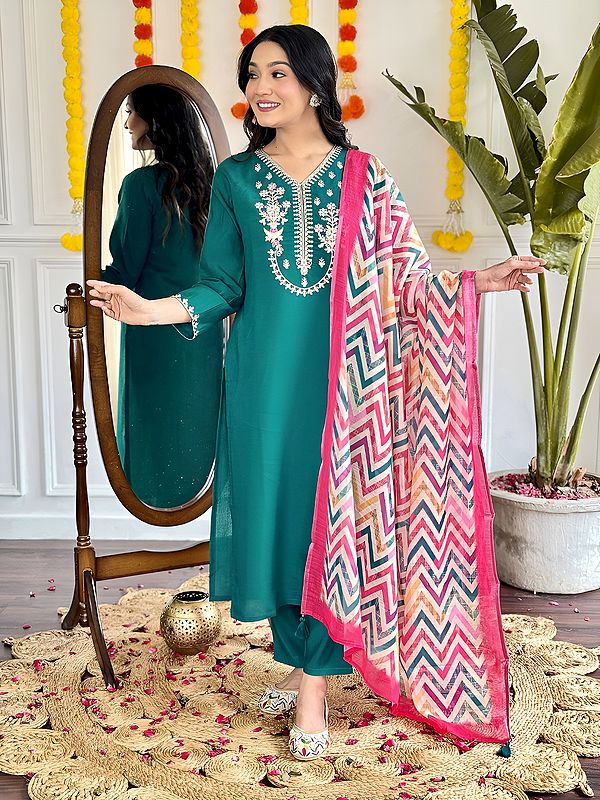 Embroidery Floral Work On Neck Attractive Viscose Chanderi Kurta With Bottom And Zig-Zag Pattern Dupatta