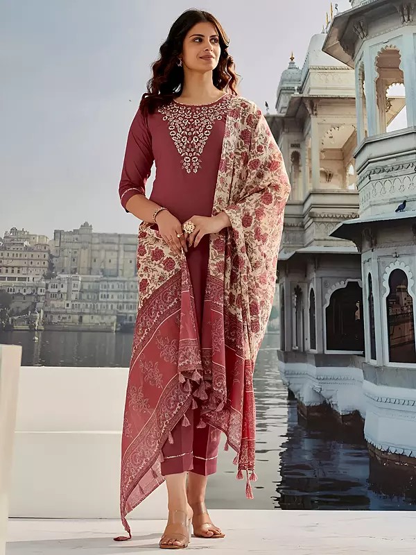 Cotton Silk Embroidery Work Fancy  Kurta With Bottom And Floral Printed Tassels Dupatta For Casual Occasion