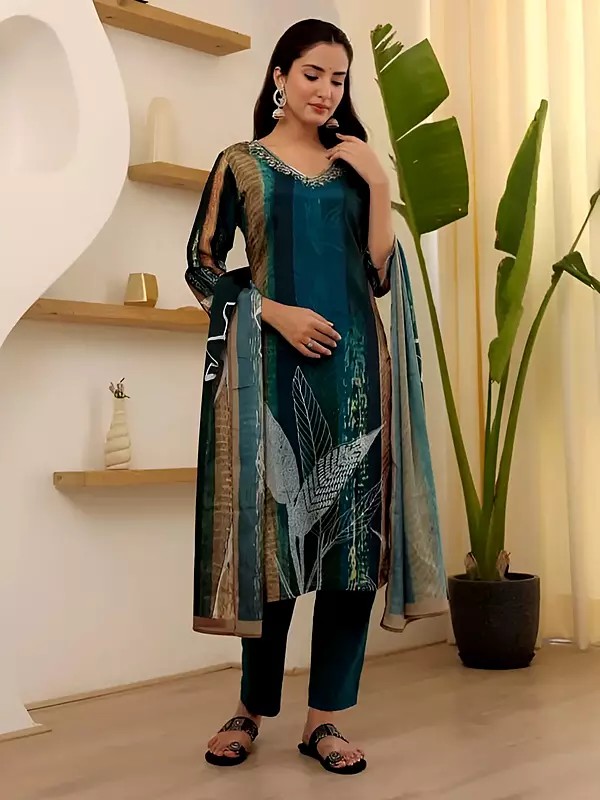 Multicolor Sequence And Embroidery Work V-Neck Attractive Kurta With Bottom And Dupatta