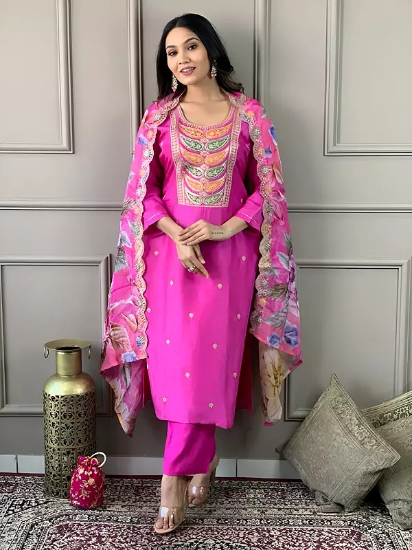 Viscose Embroidery And Sequins Work Ethnic Motifs Fancy Salwar Suit With Floral Printed Dupatta