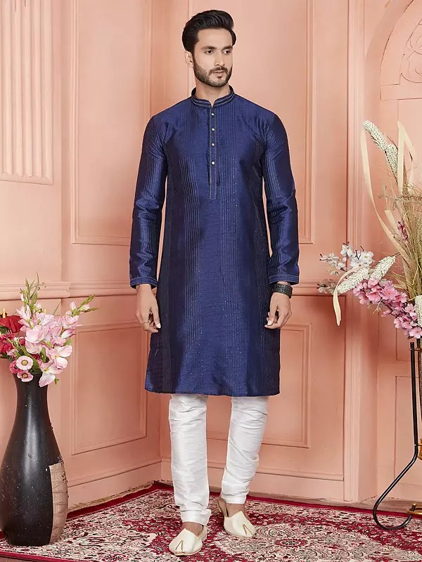 Mandarin Collar And Sequins Work Attractive Jacquard Silk Brocade Kurta Pajama Set