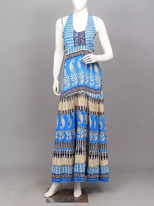 Printed Blue Halter Neck Long Dress