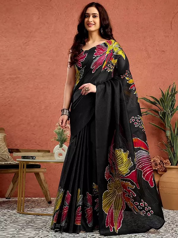 Printed Border Original Semi Gajji Silk Saree with Ajrakh Rich Pallu and Contrast Blouse