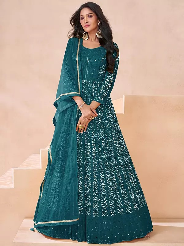 Sequins And Embroidery Work Long Georgette Party Wear Gown With Matching Dupatta
