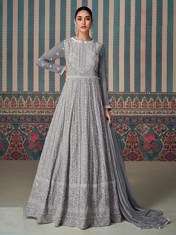 Georgette Heavy Sequins And Embroidery Work Designer Wedding Wear Gown With Matching Dupatta