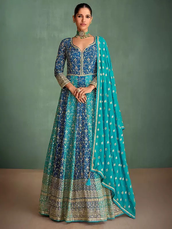 Embellished Georgette Heavy Sequins And Embroidery Work Wedding Wear Gown With Tassels Dupatta