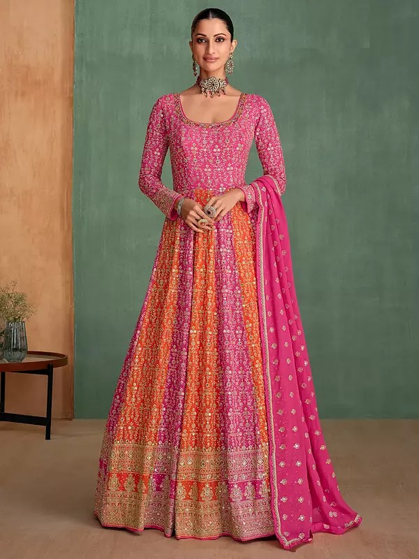 Elegant Georgette Heavy Sequins And Embroidery Work Wedding Wear Gown With Dupatta