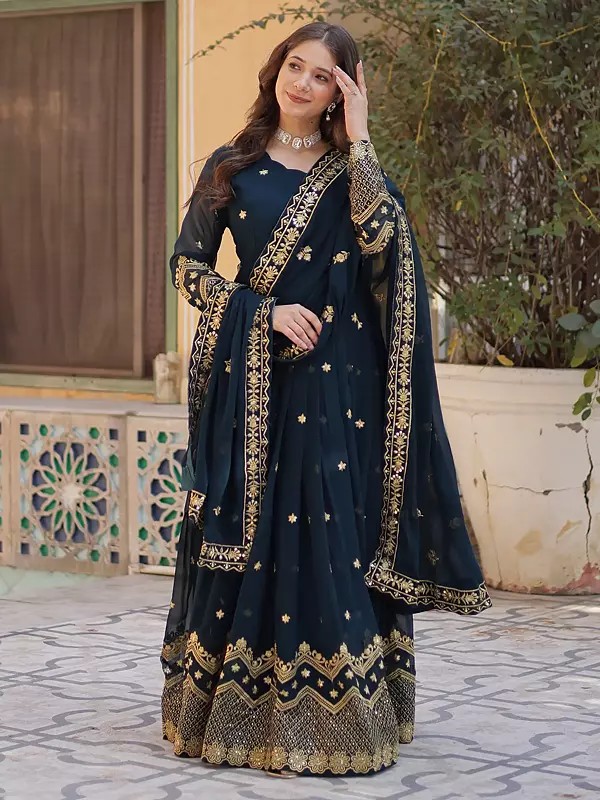 Faux Blooming Georgette Embellished Sequins Work Wedding Wear Gown With Matching Dupatta