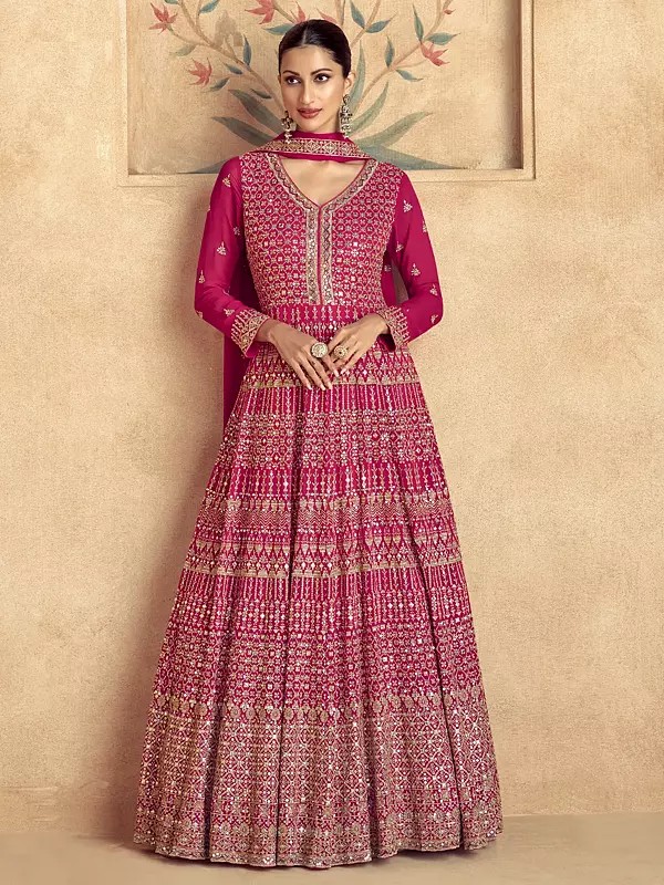 Attractive Embellished Sequins And Embroidery Work Wedding Wear Gown With Matching Dupatta