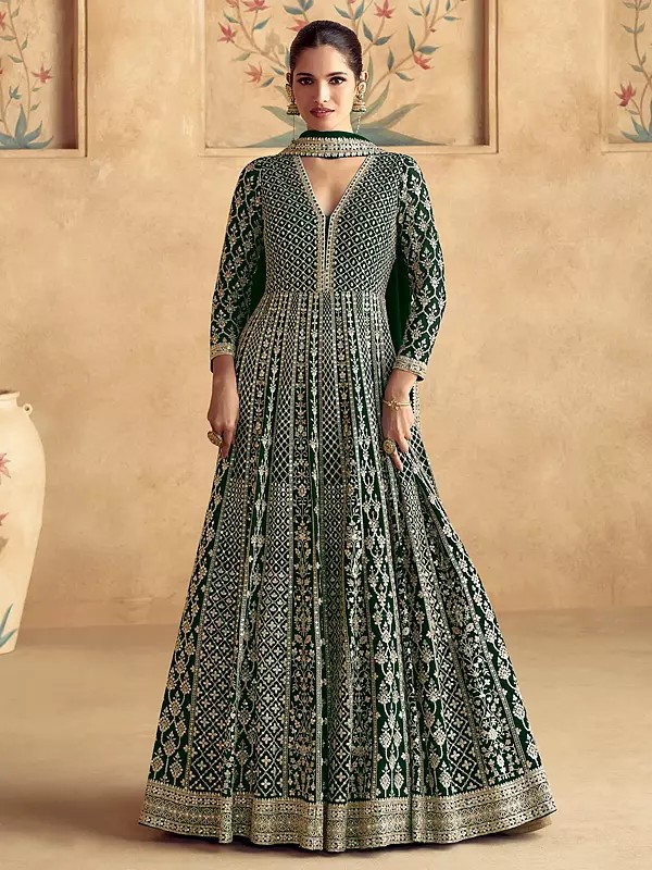 Floral Sequins And Embroidery Work Fancy Wedding Wear Gown With Matching Dupatta