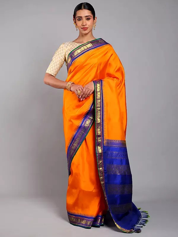 Autumn-Glory Pure Silk Temple Border Saree from Kumbakonam with Zari Woven Contrast Pallu
