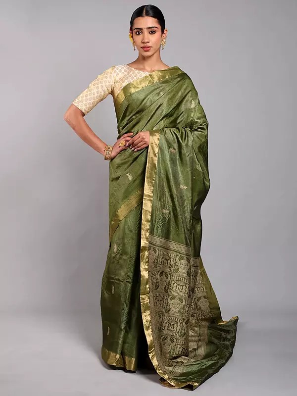 Cedar-Green Pure Silk Saree with Woven Tribal Devi Motifs and Zari Border from Chhattisgarh