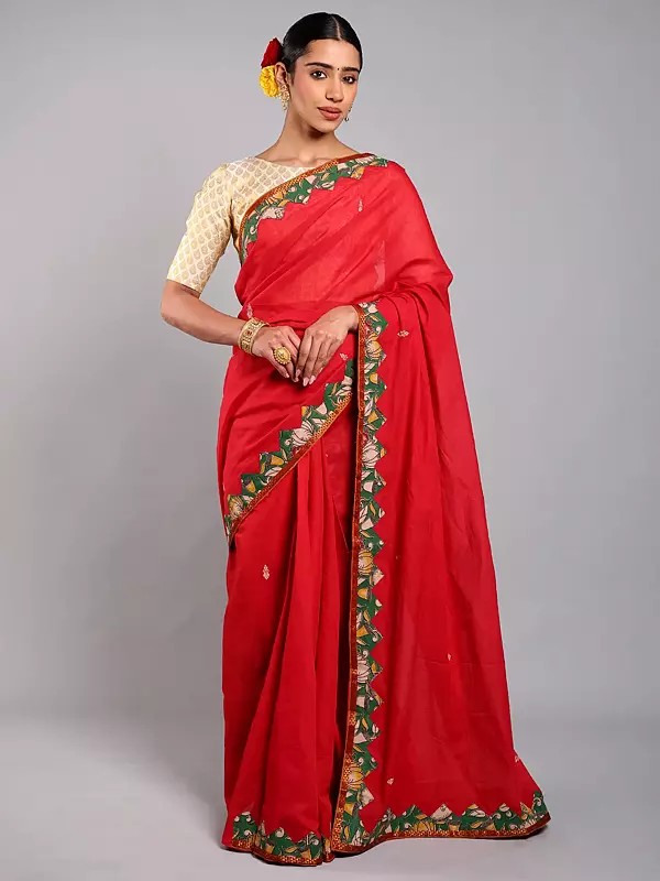 Cotton Kalamkari Patch Border Saree with Zari work from Telangana