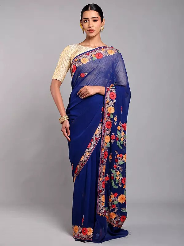 Bellwether-Blue Georgette Kashmiri Saree with Floral Aari Embroidery on Aanchal and Border