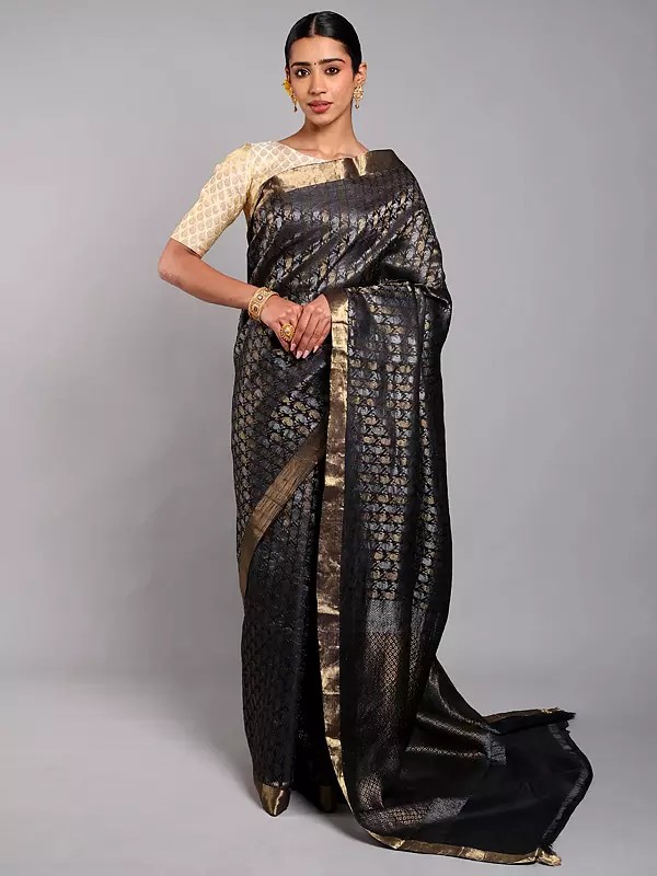 Black-Onyx Pure Silk Saree with All-Over Woven Motifs in Gold & Silver Colored Thread work from Chhattisgarh