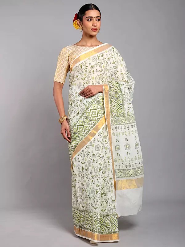 Cannoli-Cream Warli Folk Art Motifs Cotton Saree with Golden Border from Telangana