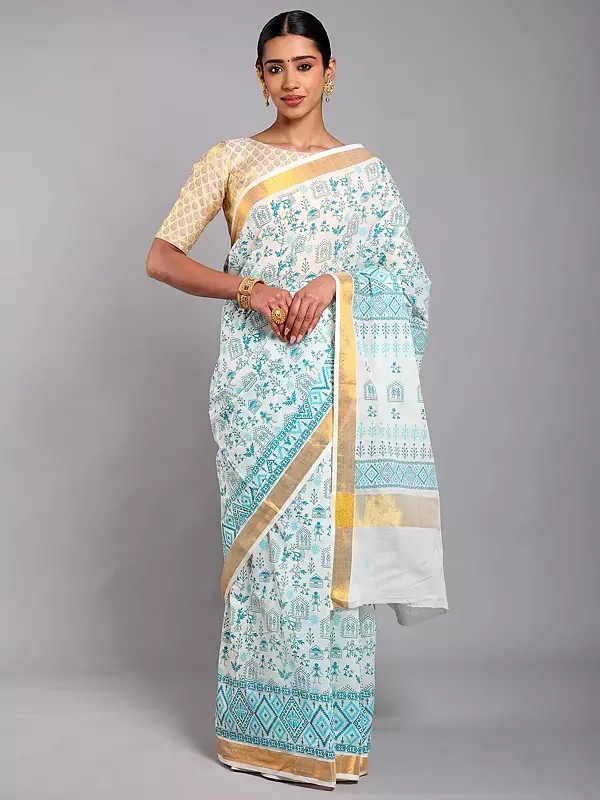 Cannoli-Cream Warli Folk Art Motifs Cotton Saree with Golden Border from Telangana