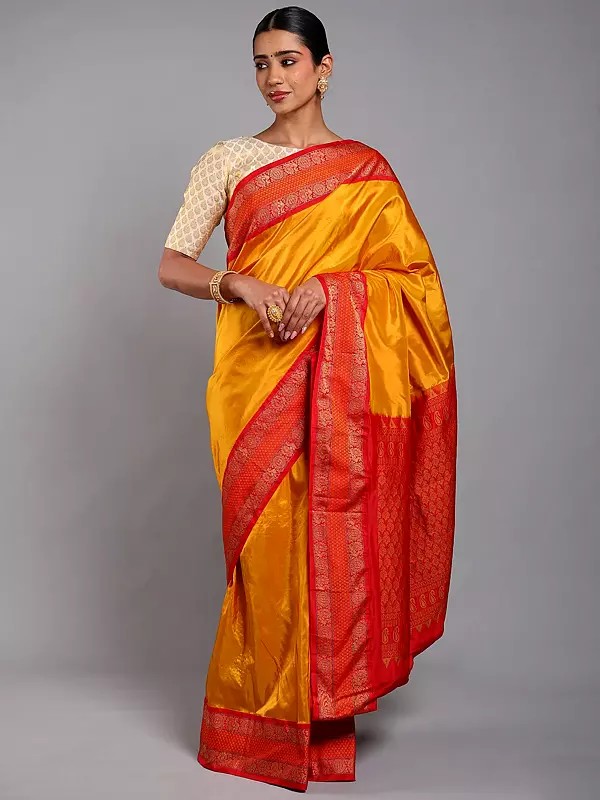 Golden-Yellow Pure Silk Saree from Bangalore with Peacock Woven Contrast Border