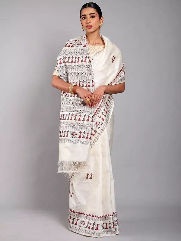 Solitary-Star Pure Silk Saree with Hand-Painted Warli Art from Chhattisgarh