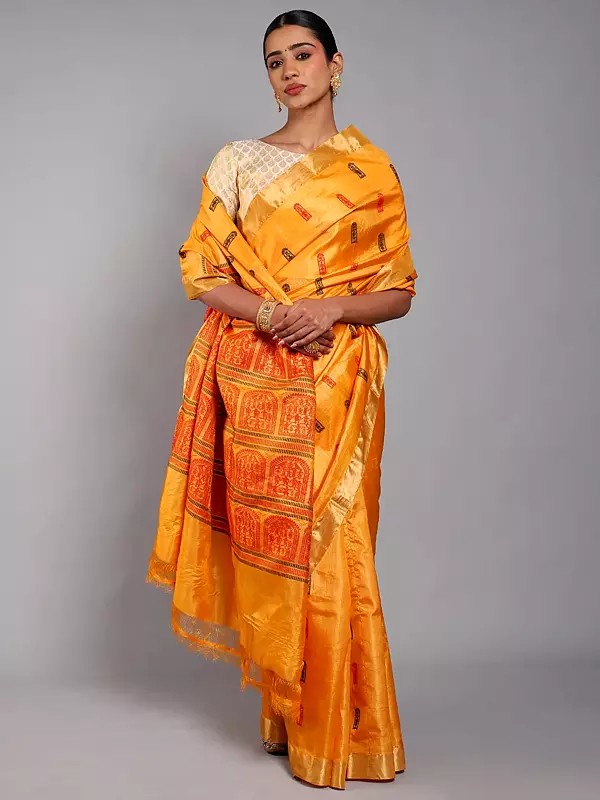 Cadmium-Yellow Woven Animal Motifs Pure Silk Saree with Zari Border from Chhattisgarh