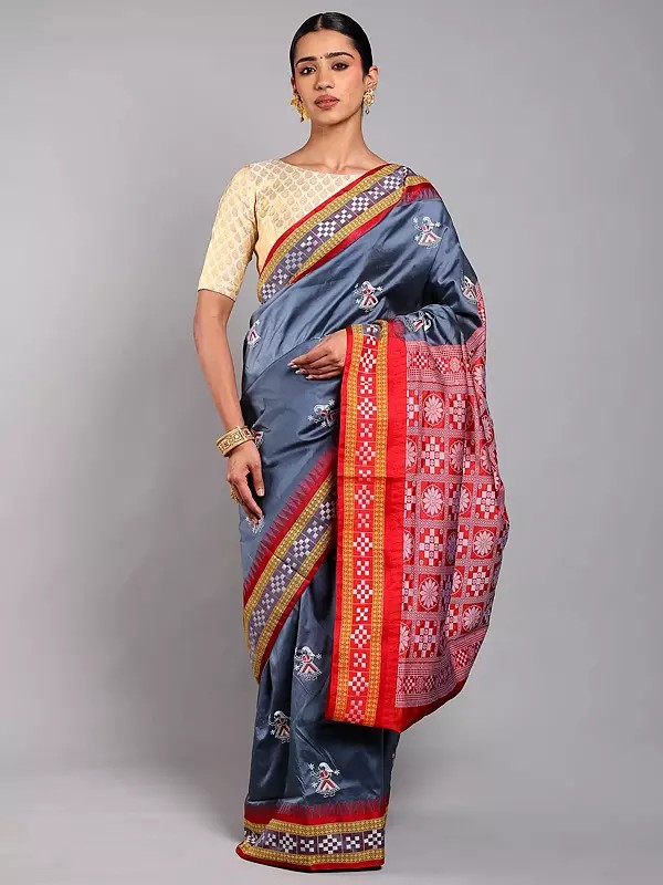 Bluefin Pure Silk Saree Temple Border Saree with Embroidered Dancing Girl and Woven Motifs from Chhattisgarh