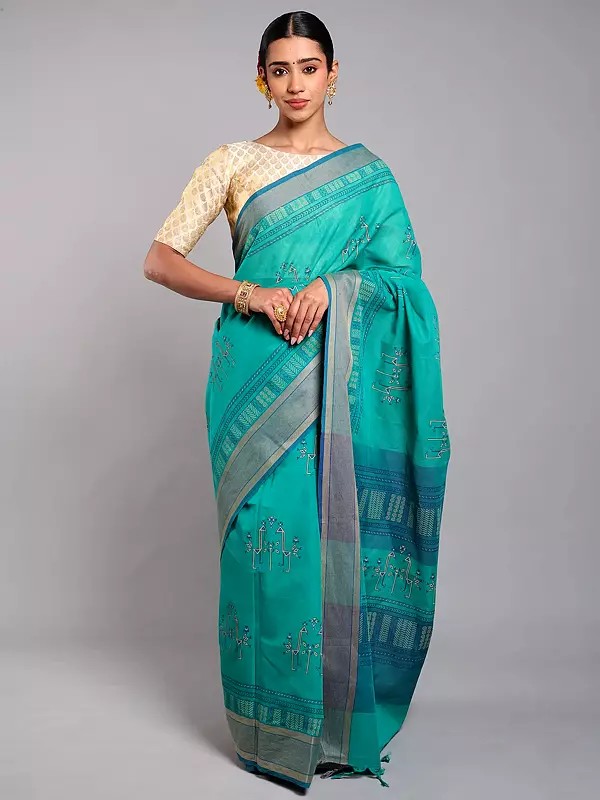 Cotton Saree with Printed Motifs and Mini Check woven Border from Telangana