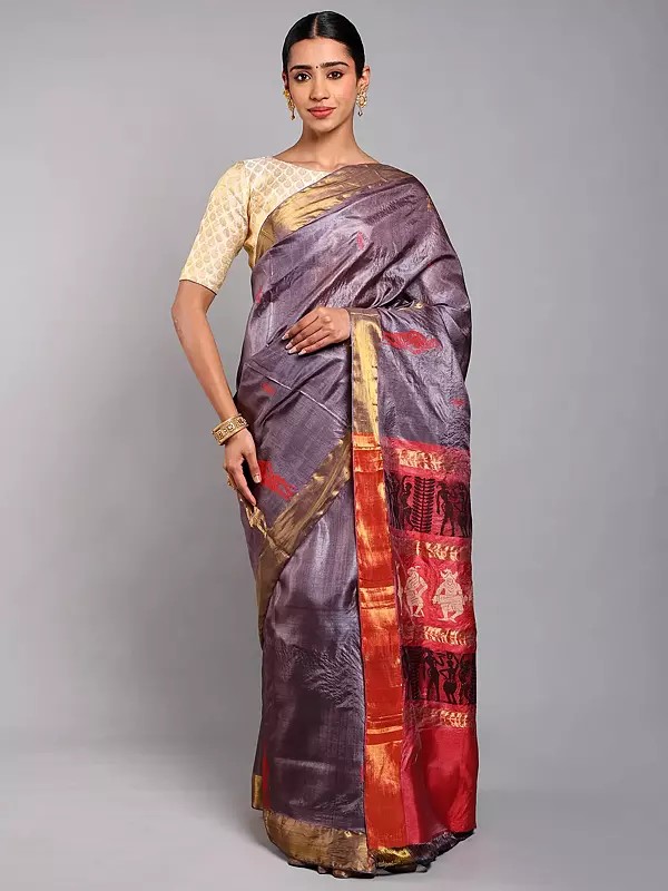 Arctic-Dusk Handloom Tussar Silk Saree with Woven Dancing Tribal Figures Of Bastar Chhattisgarh and Zari Border
