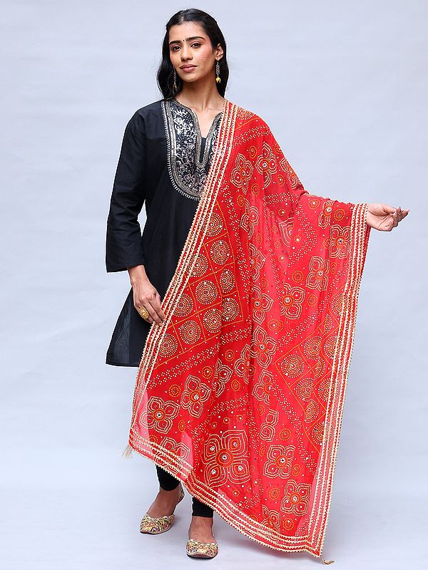 True-Red Georgette Bandhani Dupatta with Bead-Mirror work and Gotta Patti Border