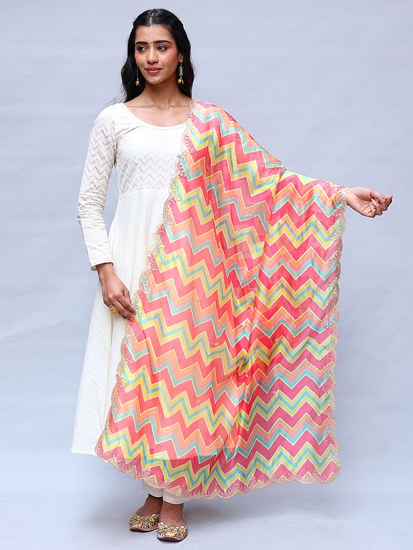 Multicolor Leheriya Dupatta from Amritsar with Zari work Bootis and Scalloped Border